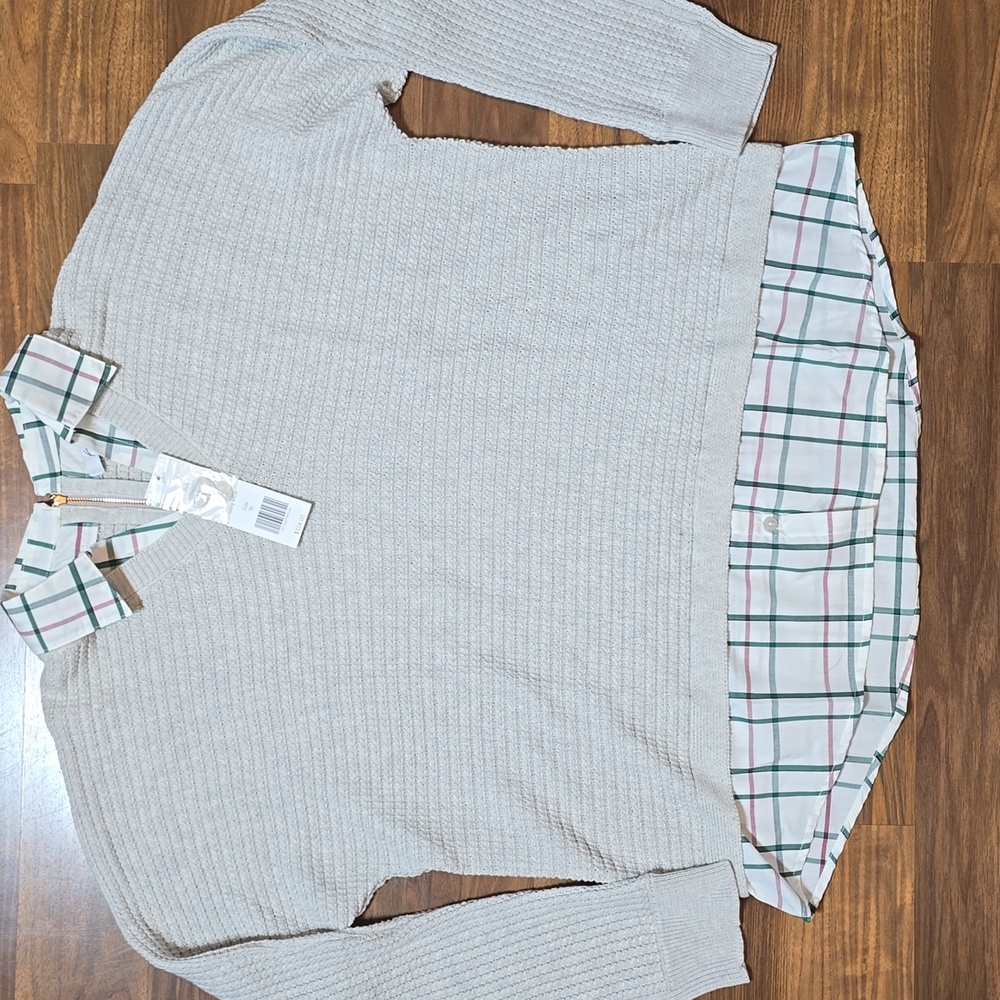 Foxcroft Beige Textured Sweater with Plaid Shirt